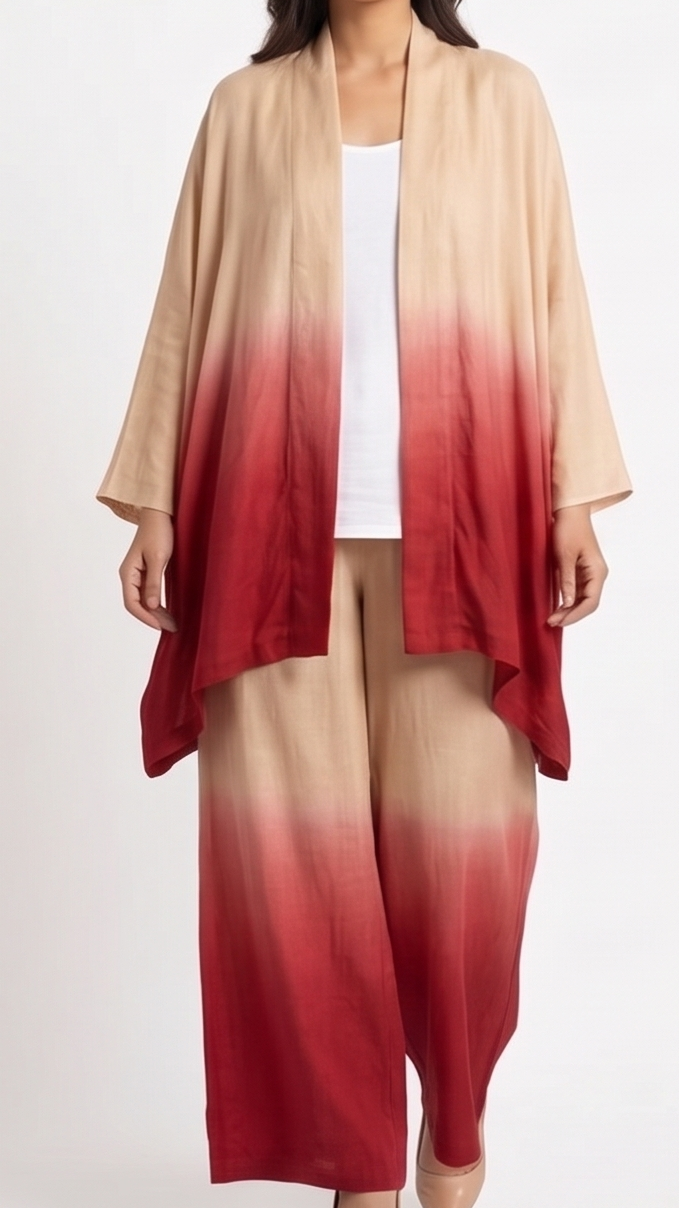 Ombre red to beige kimono-style garment on a plain background