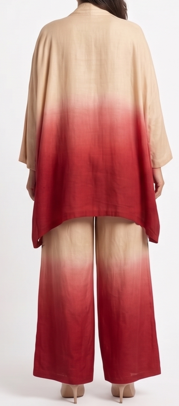 Ombre outfit with beige and red gradient on a white background