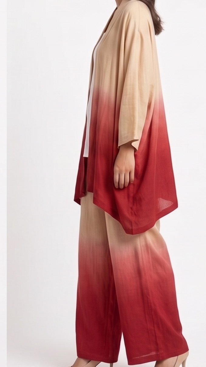 Woman wearing a gradient dress with beige and red colors on a white background