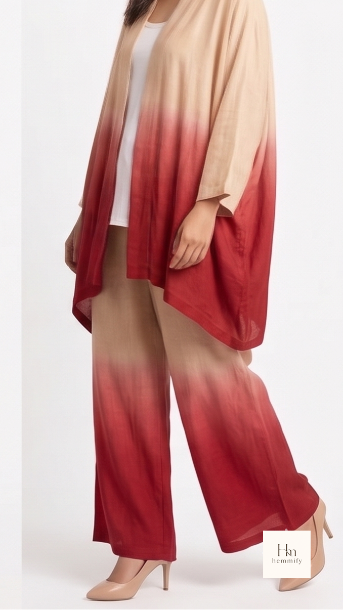 Woman wearing a red to beige gradient scarf with a white background