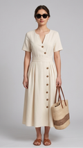 Woman wearing a beige dress with buttons, holding a straw bag