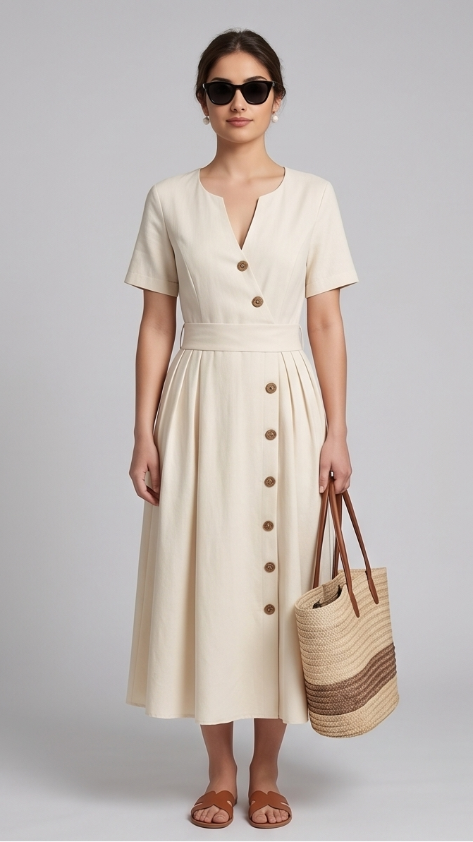 Woman wearing a beige dress with buttons, holding a straw bag