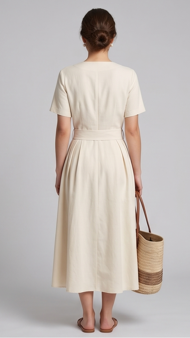 Woman wearing a beige dress holding a woven bag