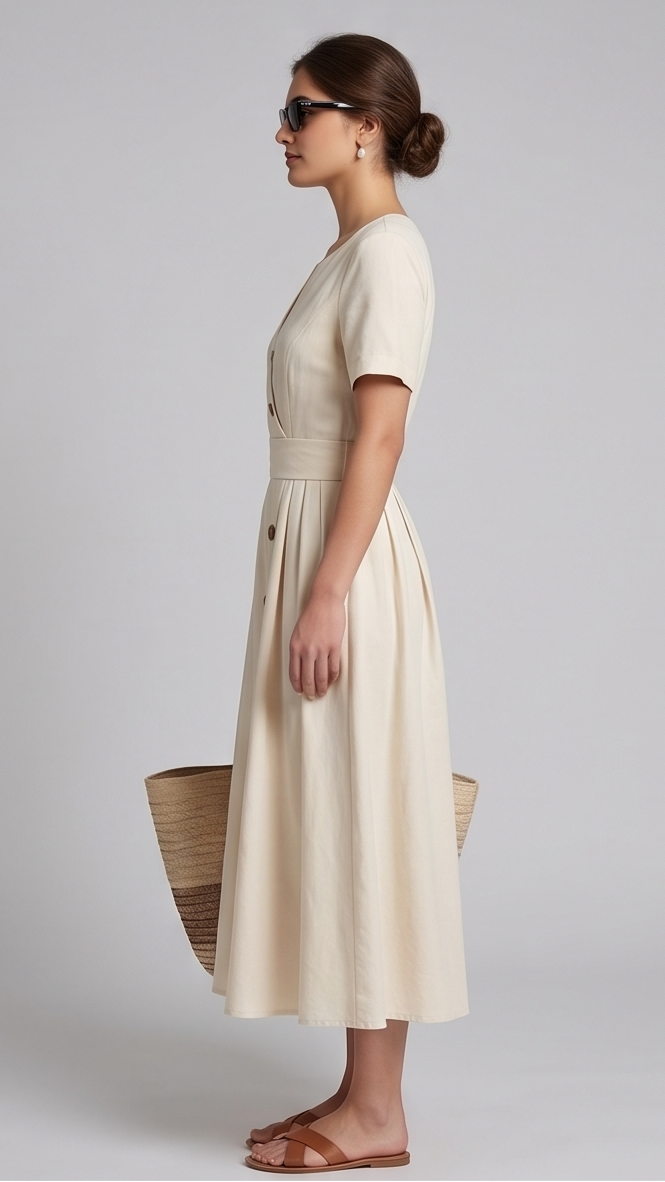 Woman wearing a beige dress holding a woven bag on a plain background