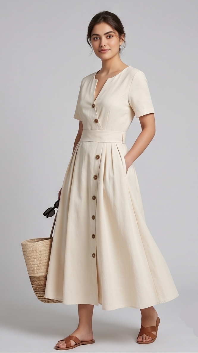 Woman wearing a beige dress with brown buttons