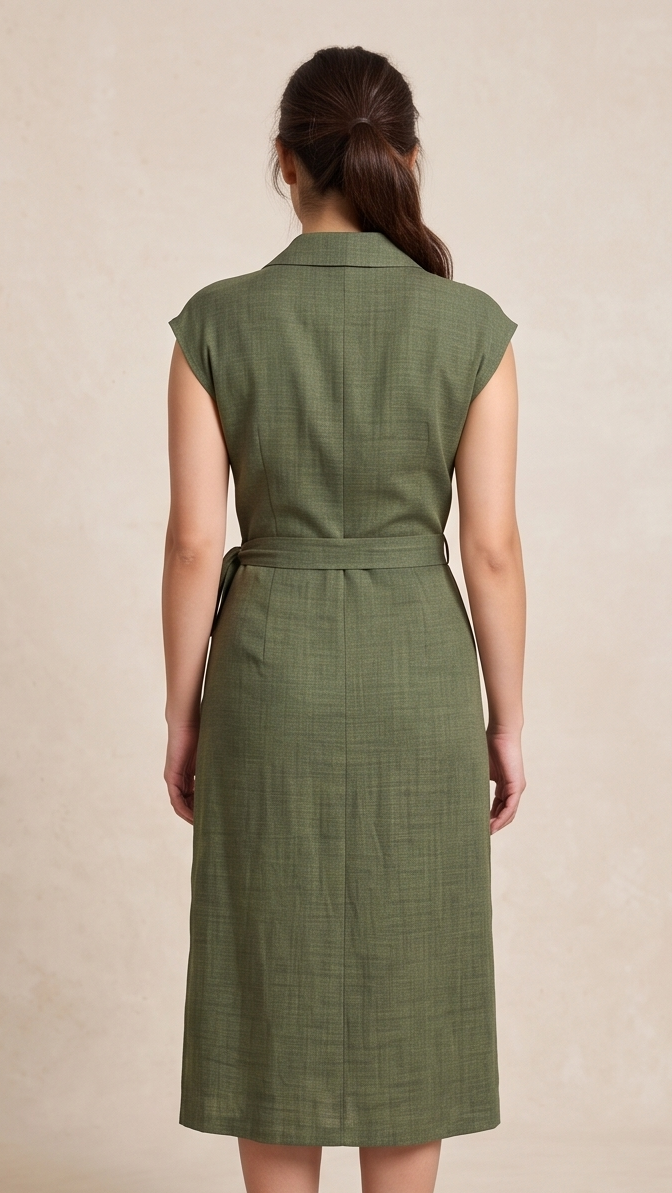 Olive Green Textured Collared Wrap Midi Dress