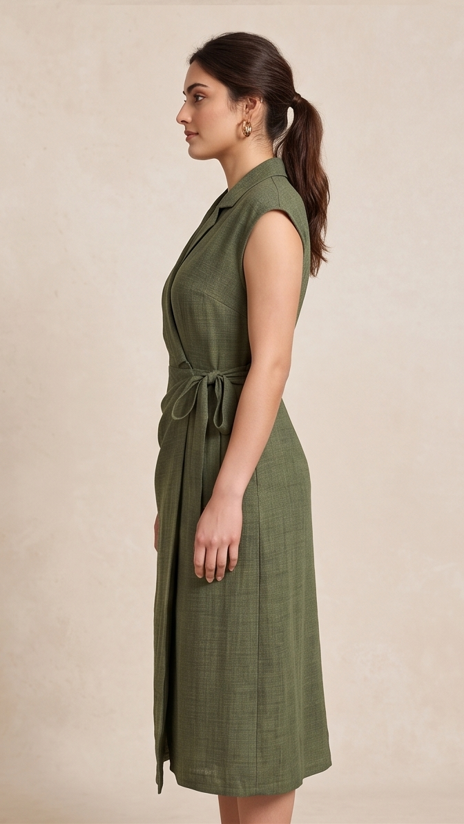 Woman wearing a green dress against a beige background