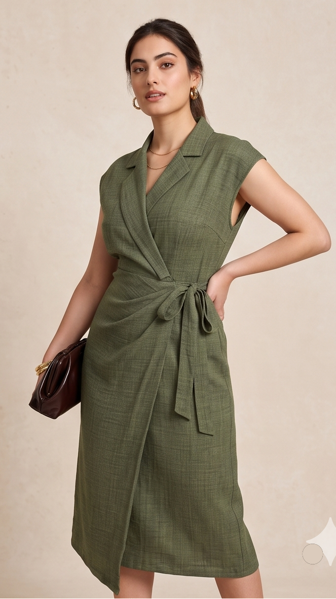 Woman wearing a green dress with a plain background