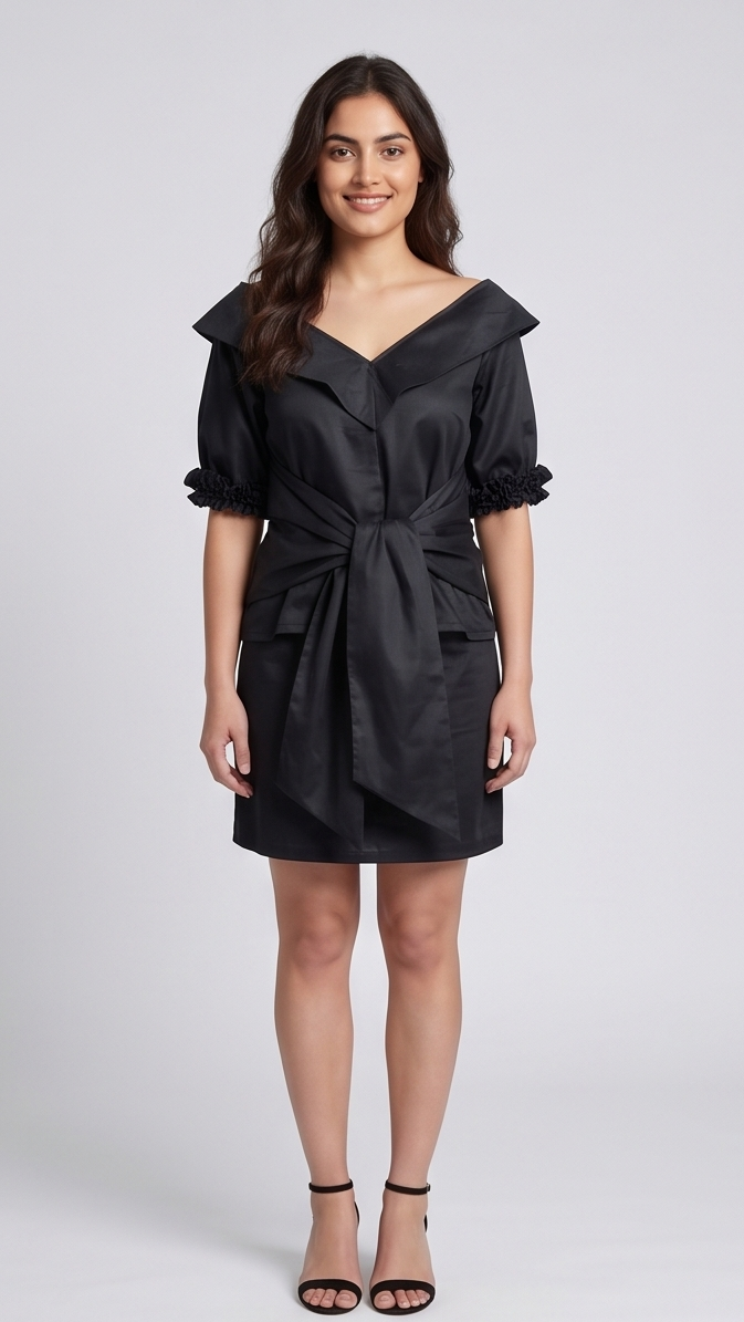 Woman wearing a black dress with a white background