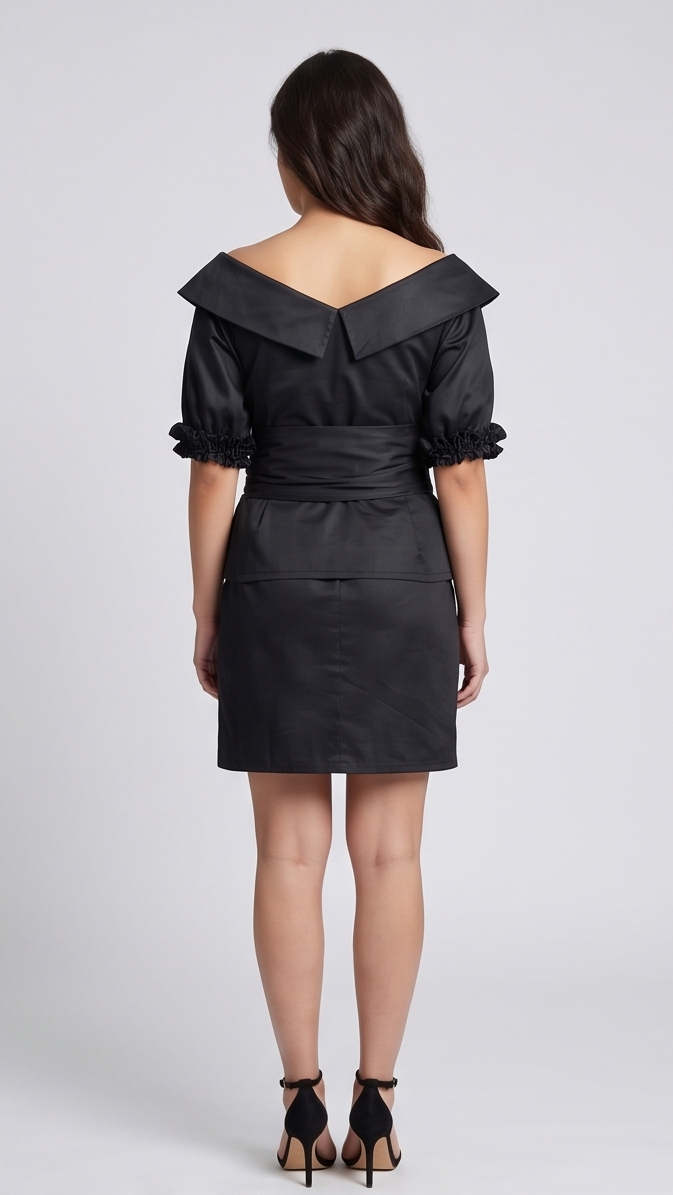 Black dress with ruffled collar worn by a model on a white background