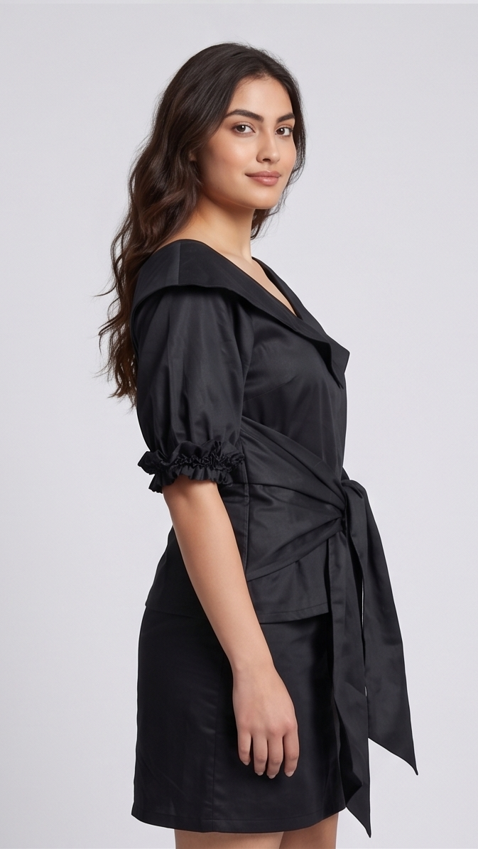 Woman wearing a black dress with puff sleeves on a light gray background