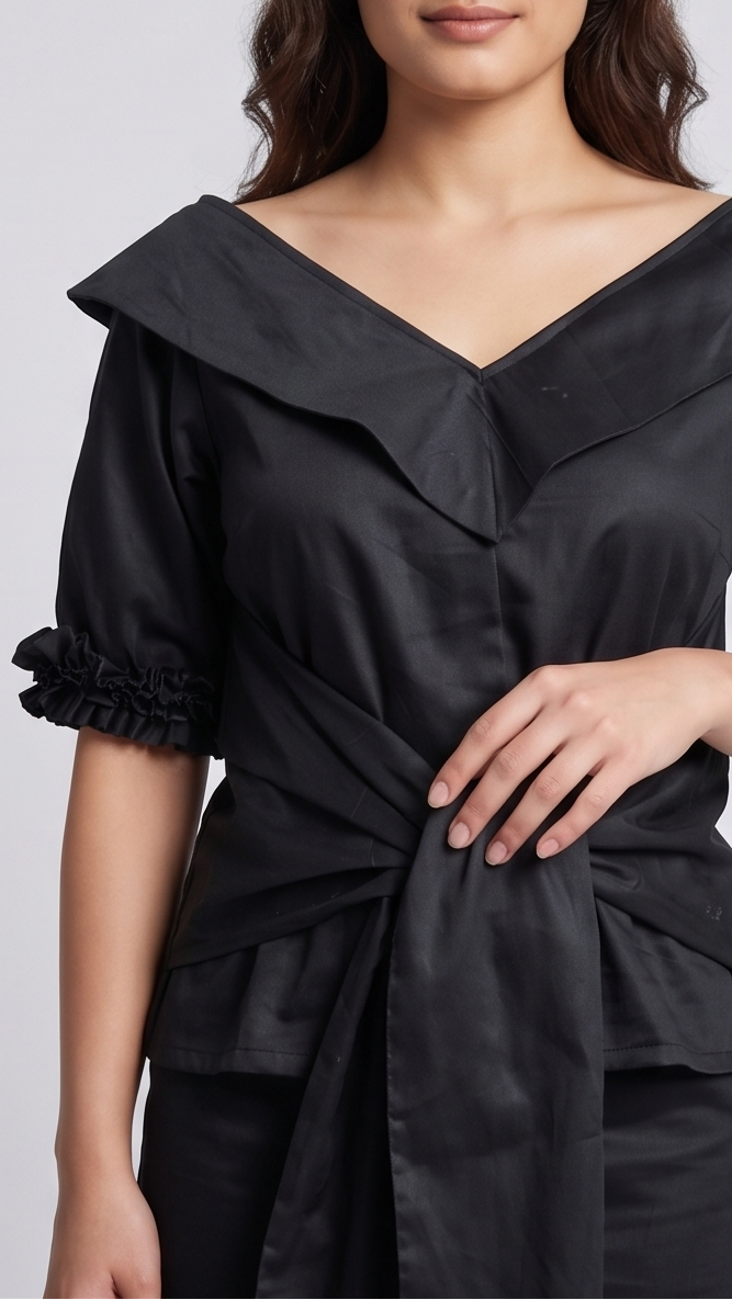 Black off-shoulder top with ruffled details on a white background