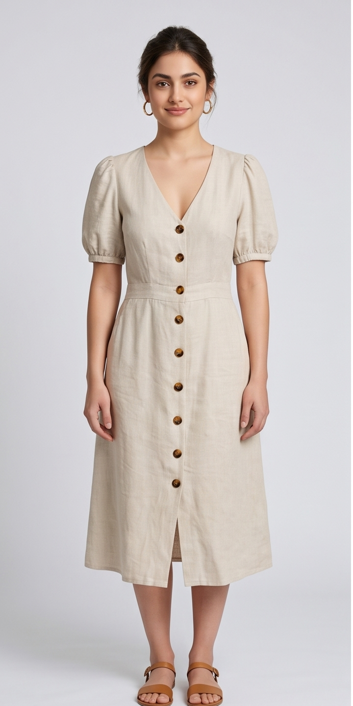 Classic V-Neck Button-Down Midi Dress