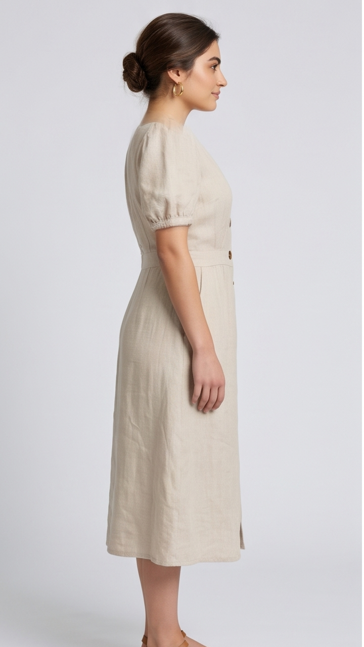 Classic V-Neck Button-Down Midi Dress