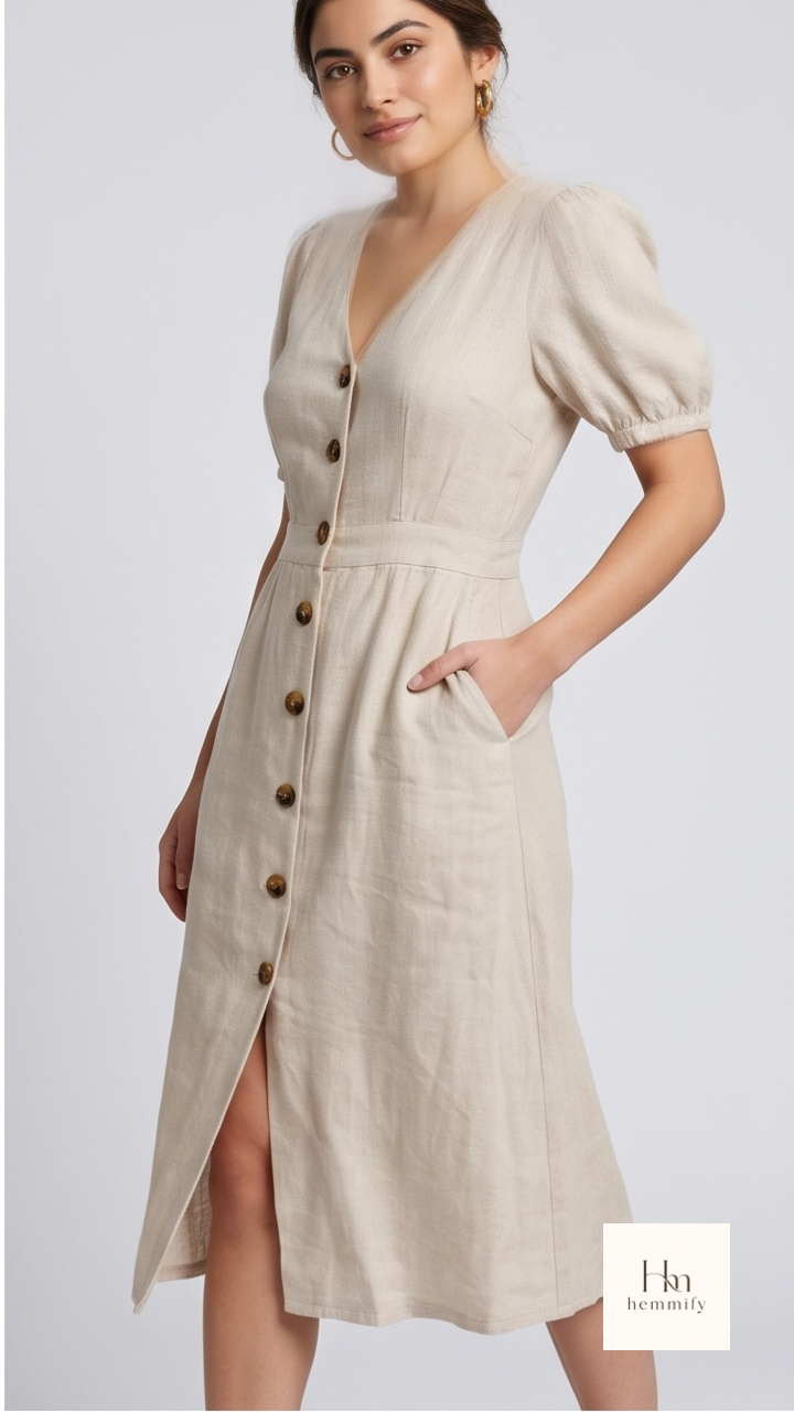 Classic V-Neck Button-Down Midi Dress
