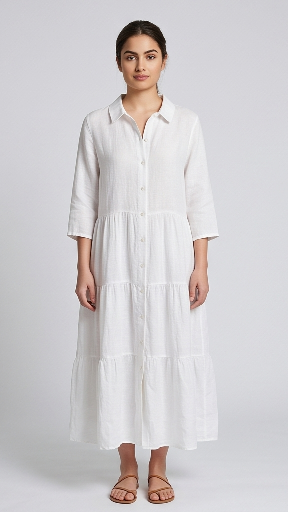 Woman wearing a white dress against a plain background