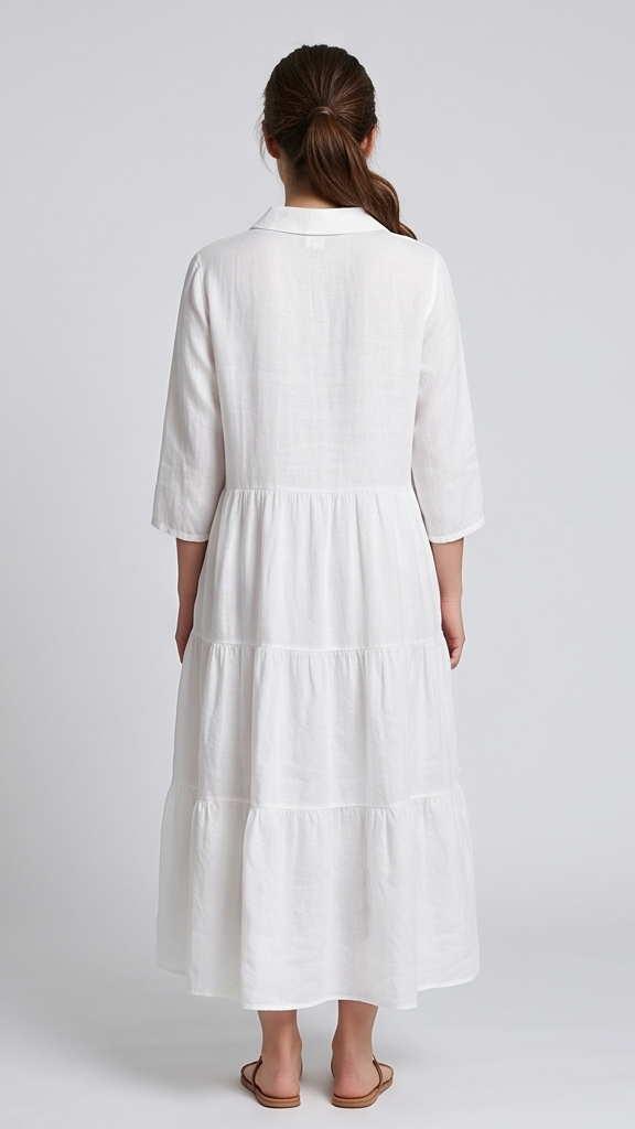 Woman wearing a white dress with a plain background