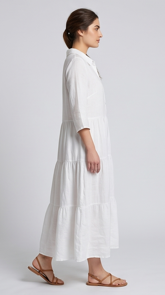 Woman wearing a white dress on a plain background