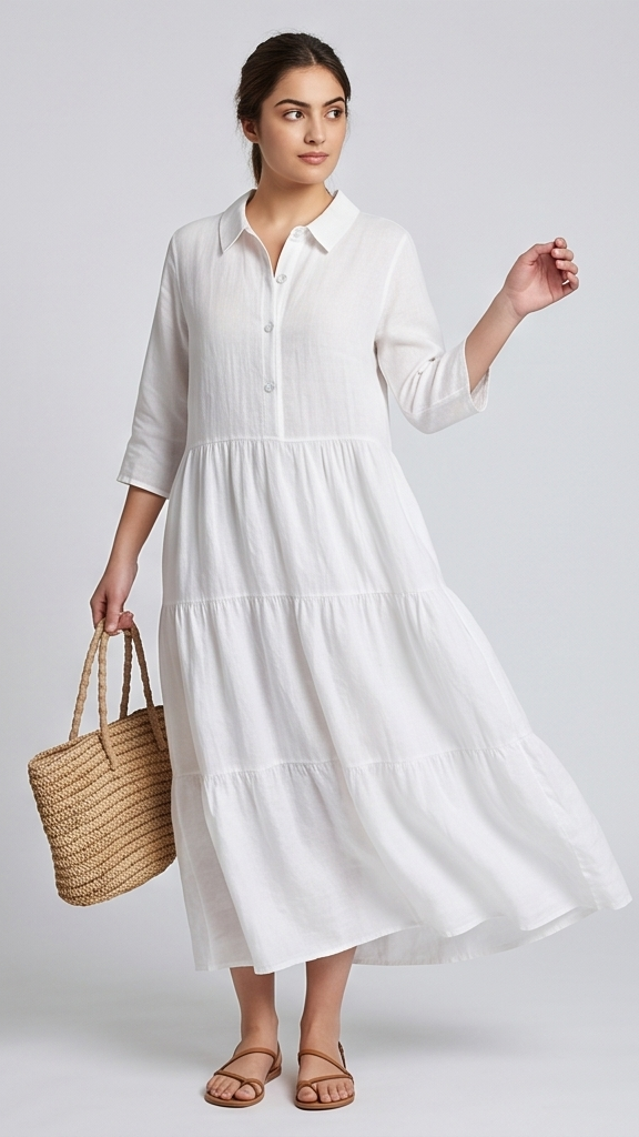 Woman wearing a white dress holding a woven bag on a plain background