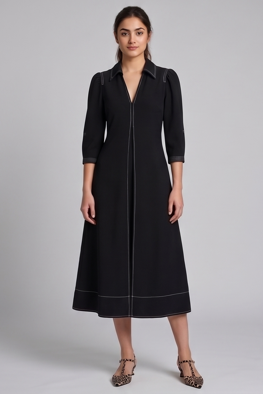Tailored Contrast-Stitch Black Midi Dress