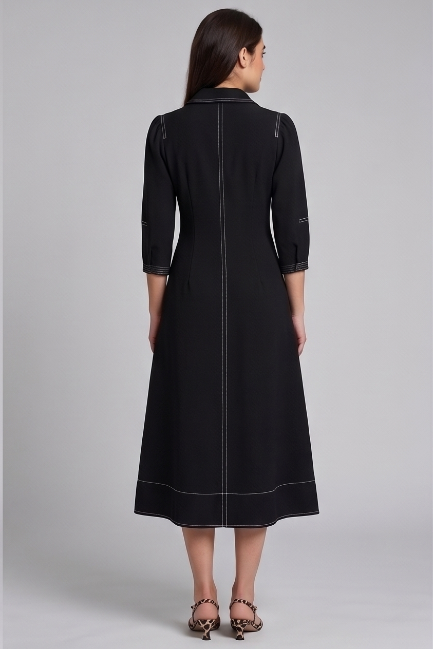 Tailored Contrast-Stitch Black Midi Dress