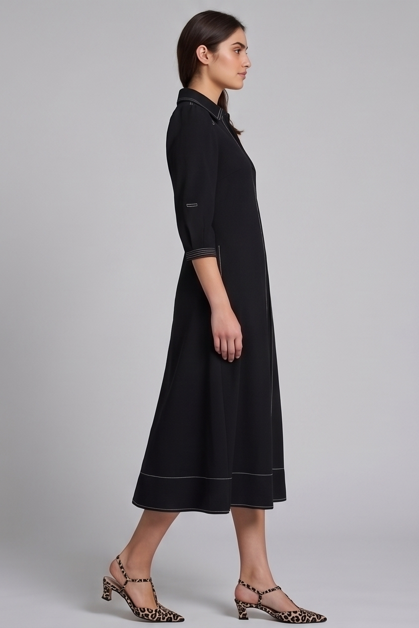 Tailored Contrast-Stitch Black Midi Dress
