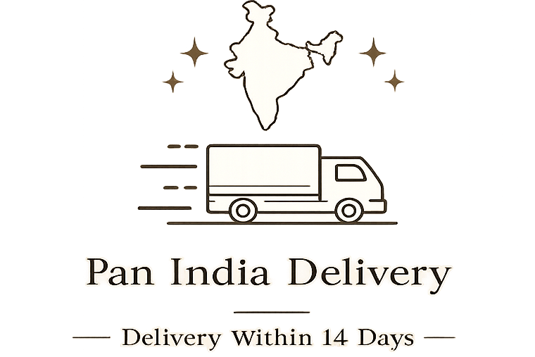 Logo for Pan India Delivery with a truck and map of India on a white background