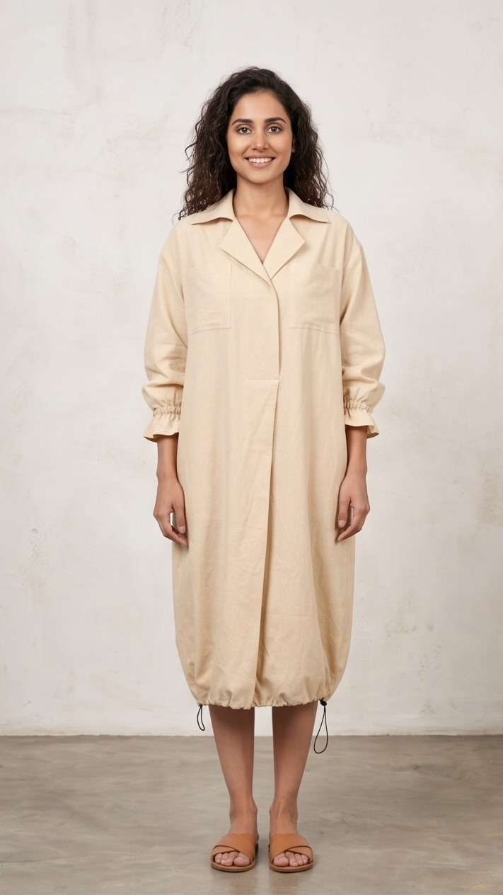 Woman wearing a beige dress against a plain background