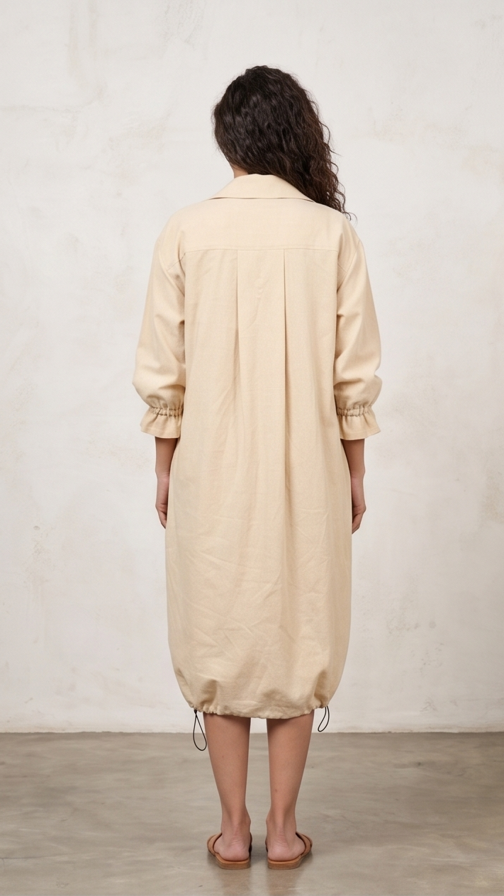 Woman wearing a beige dress against a plain background