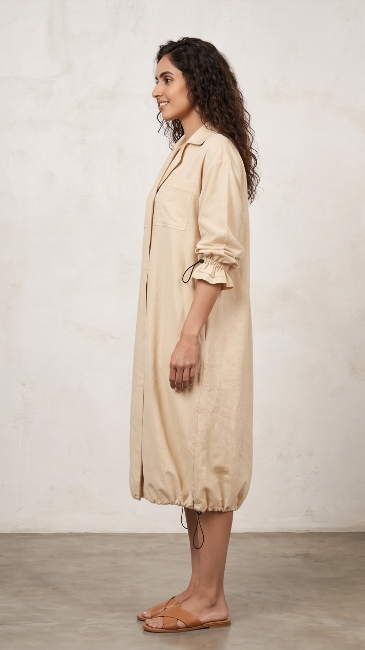 Woman wearing a beige dress standing against a plain background