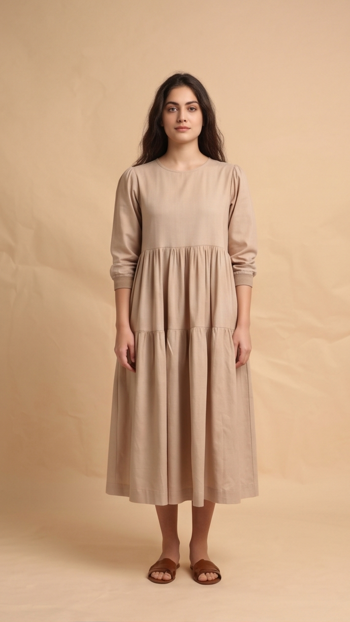 Woman wearing a beige dress against a beige background