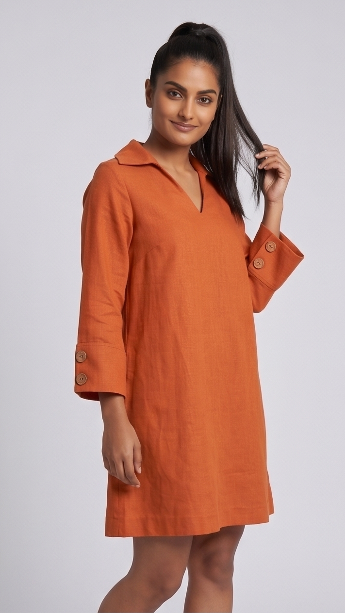 Woman wearing an orange dress with a plain background