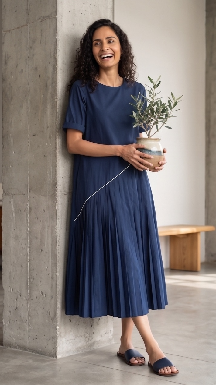 Navy Blue Asymmetrical Pleated Midi Dress