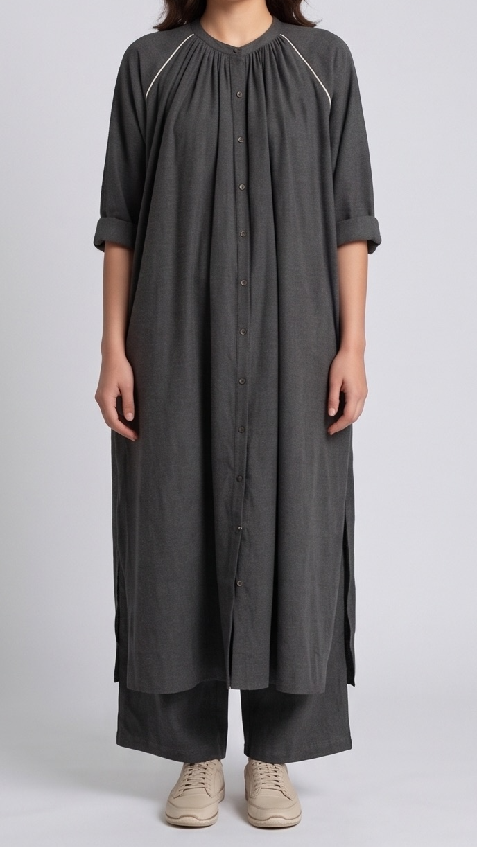 Woman wearing a long dark gray dress with a plain background