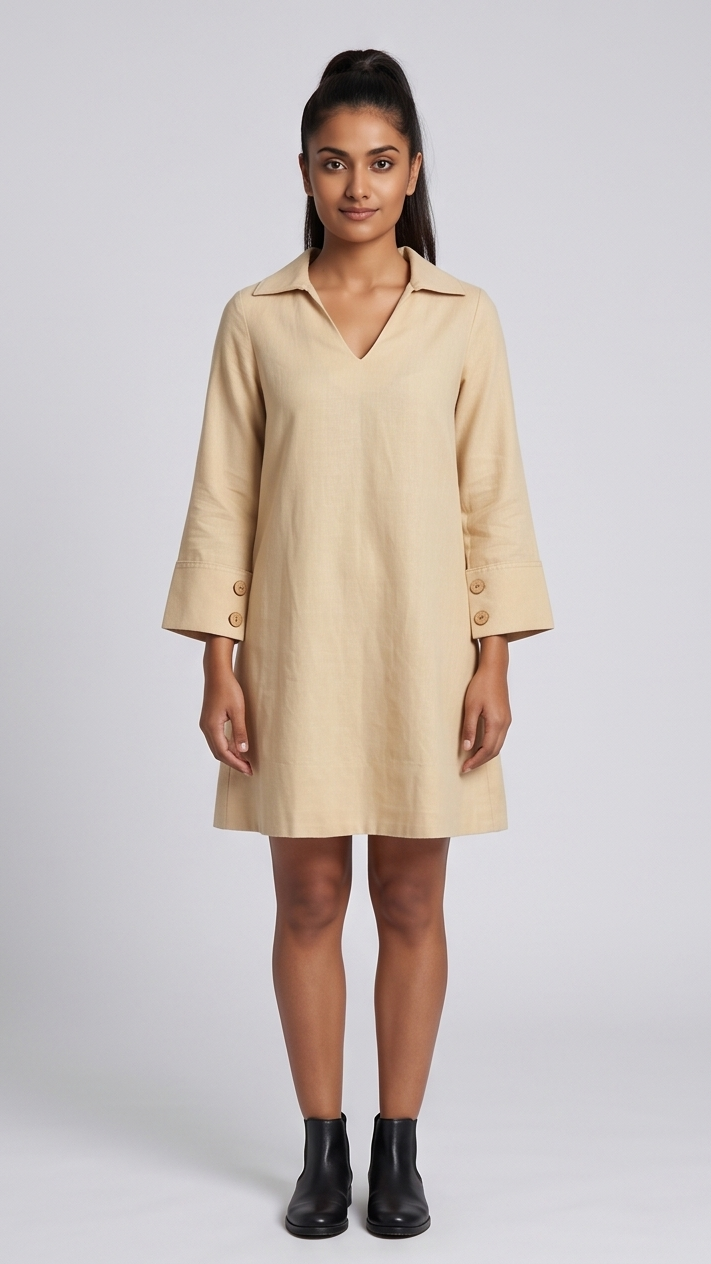 Woman wearing a beige dress with a plain background