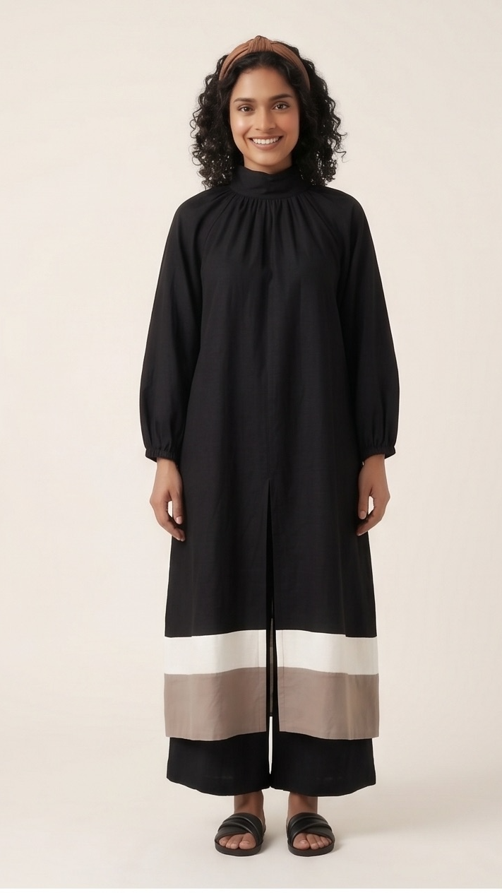 Black Color-Blocked Gathered Neck Co-ord Set