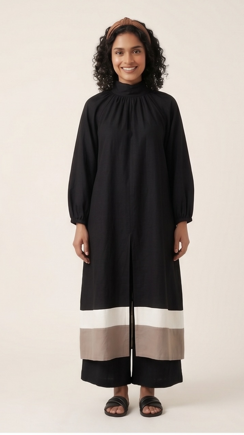 Black Color-Blocked Gathered Neck Co-ord Set