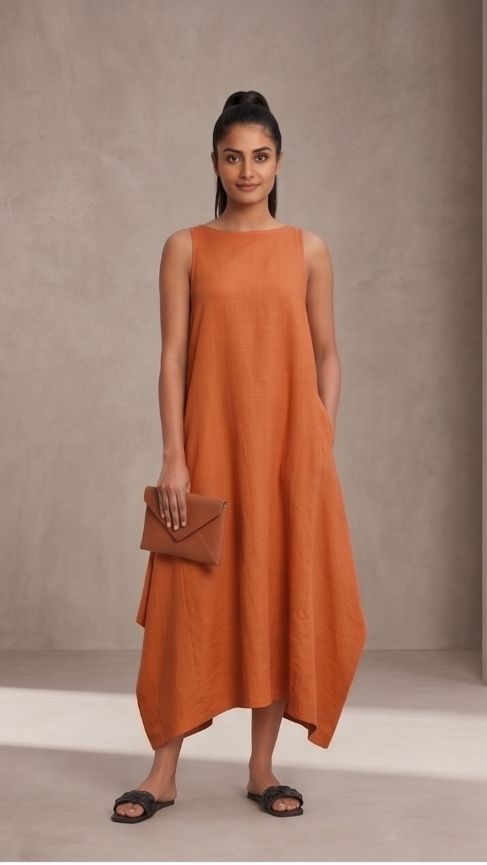 Woman wearing an orange dress holding a clutch against a neutral background