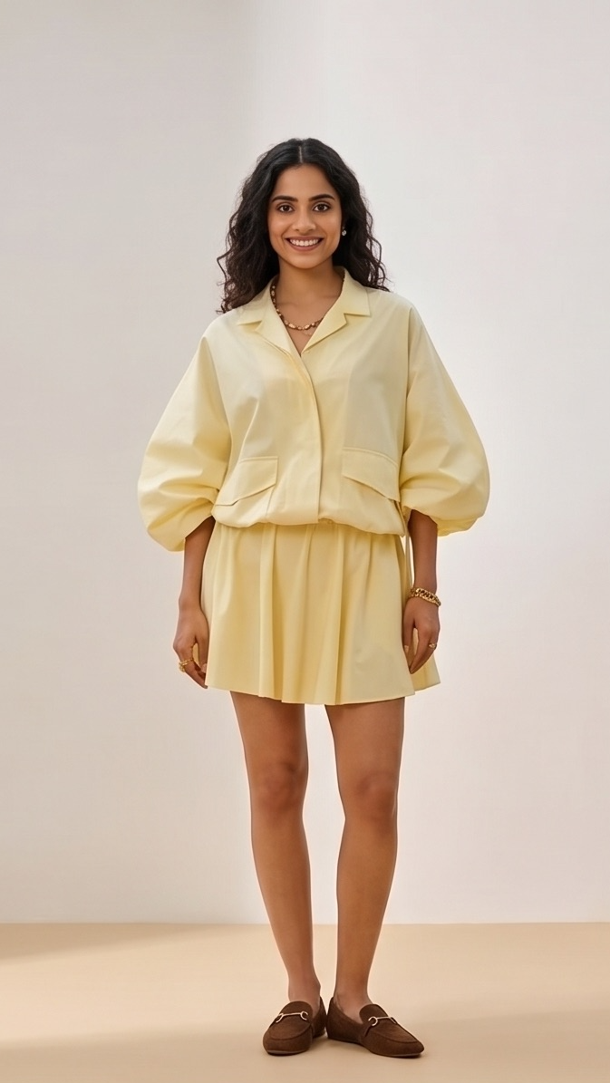 Woman wearing a yellow outfit against a plain background