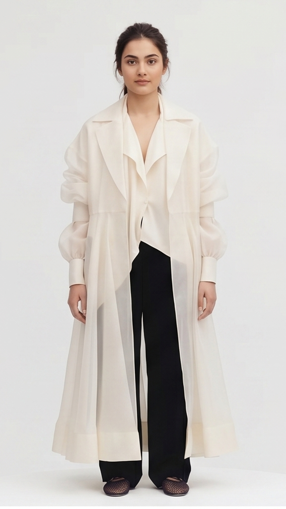 Person wearing a long beige coat over a white shirt and black pants on a white background