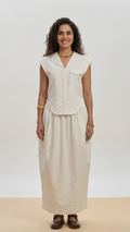 Ivory Elegance: Collared Sleeveless Maxi Set