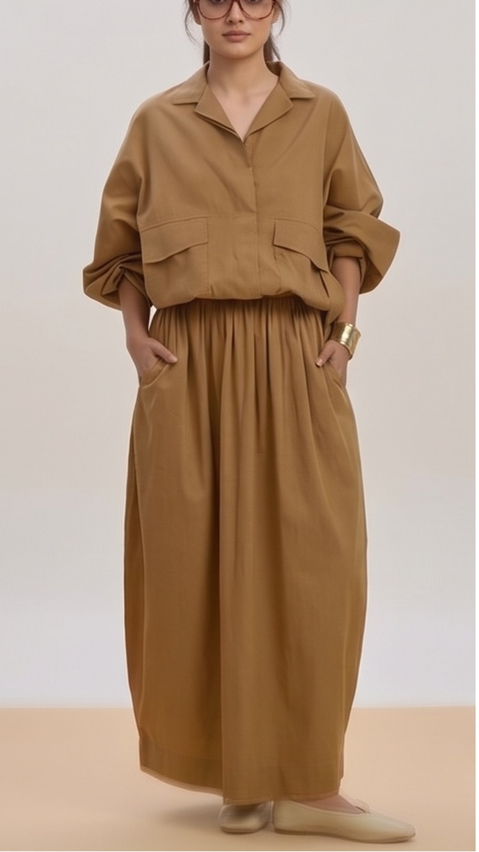 Effortless Utility: Desert Sand Oversized Blouse & Maxi Skirt Co-ord