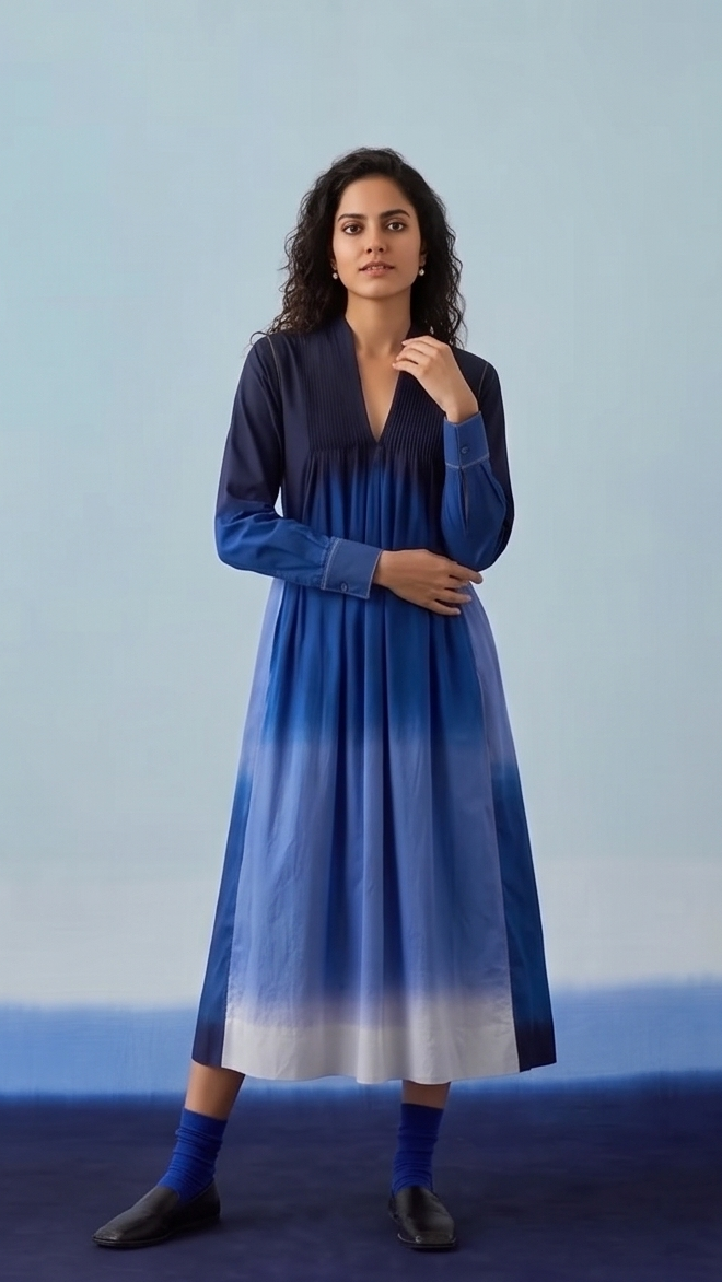 Indigo Ombré Pleated Midi Dress