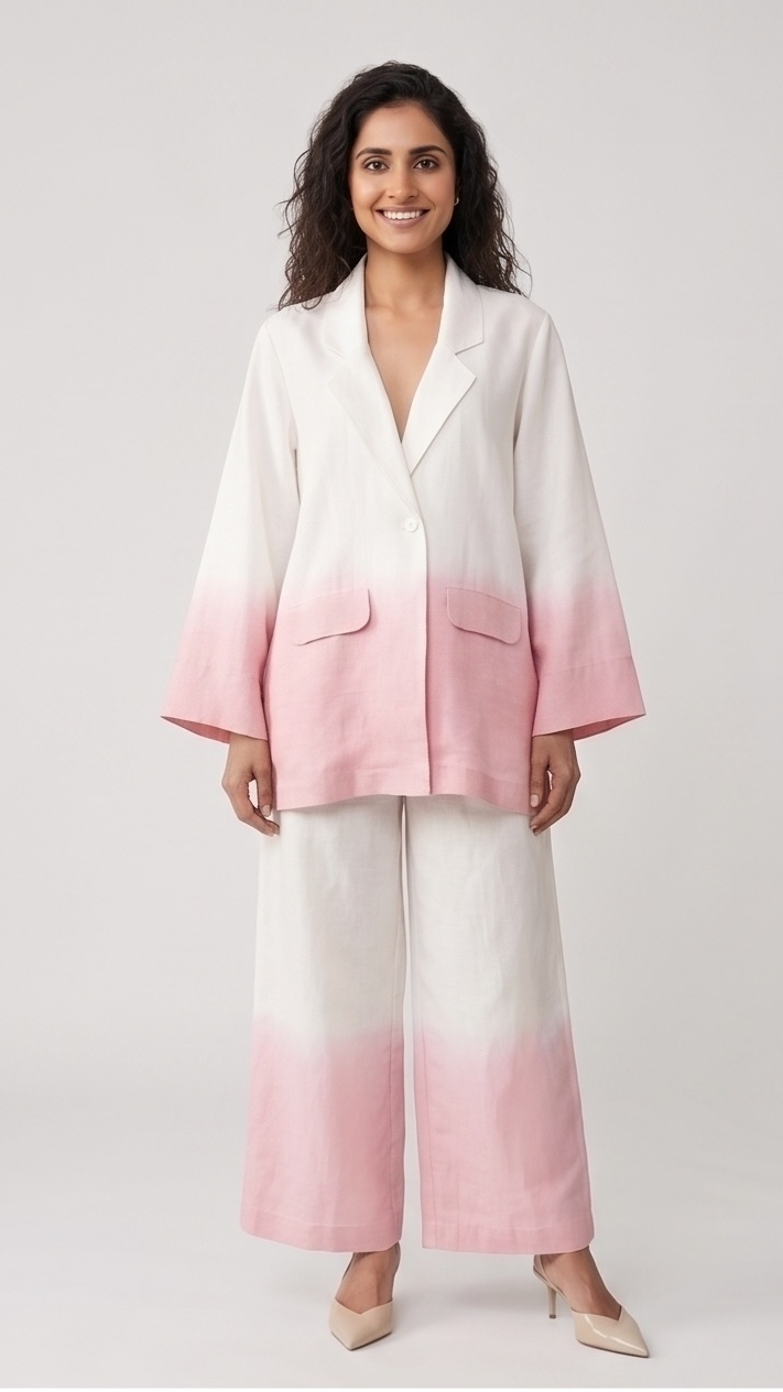 Woman wearing a baby-pink and white ombre blazer and pants on a light gray background