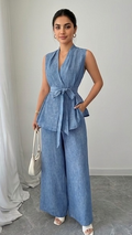 Azure Breeze Textured Peplum and Wide-Leg Co-ord Set
