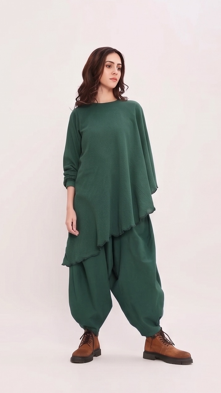 Woman wearing a green outfit with a plain background