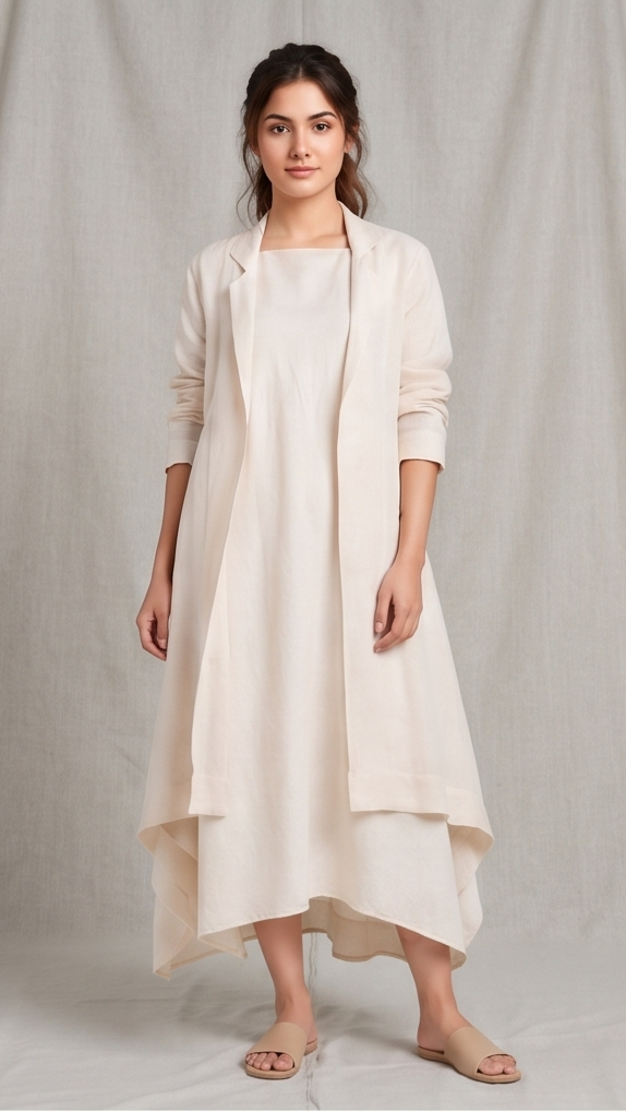Women wearing a cream dress with a long linen trench coat