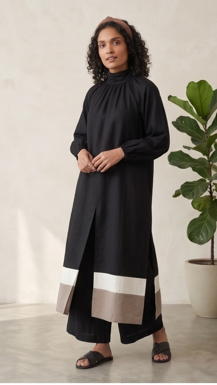 Black Color-Blocked Gathered Neck Co-ord Set