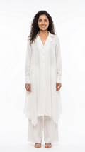 Woman wearing a white outfit on a white background