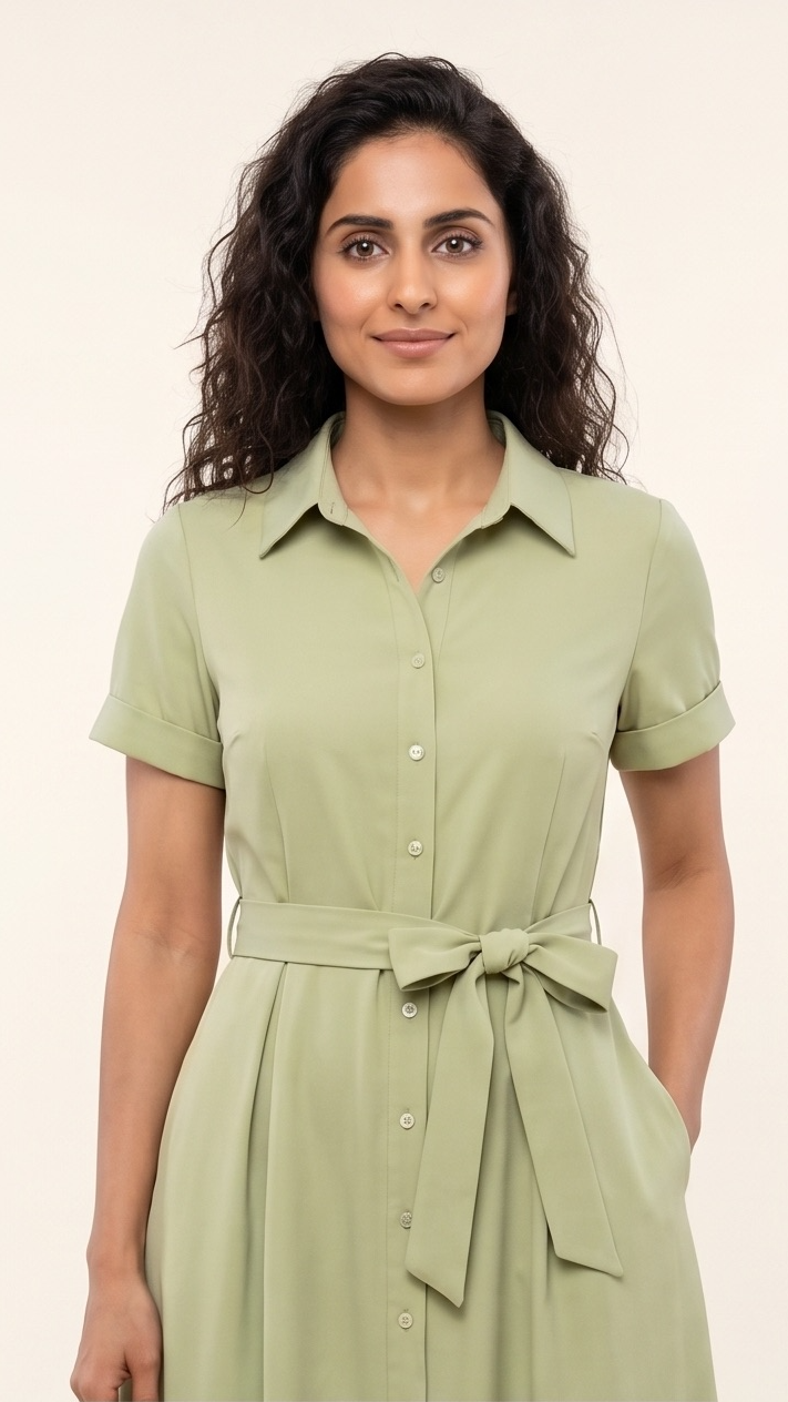 Woman wearing a light green dress with a belt.